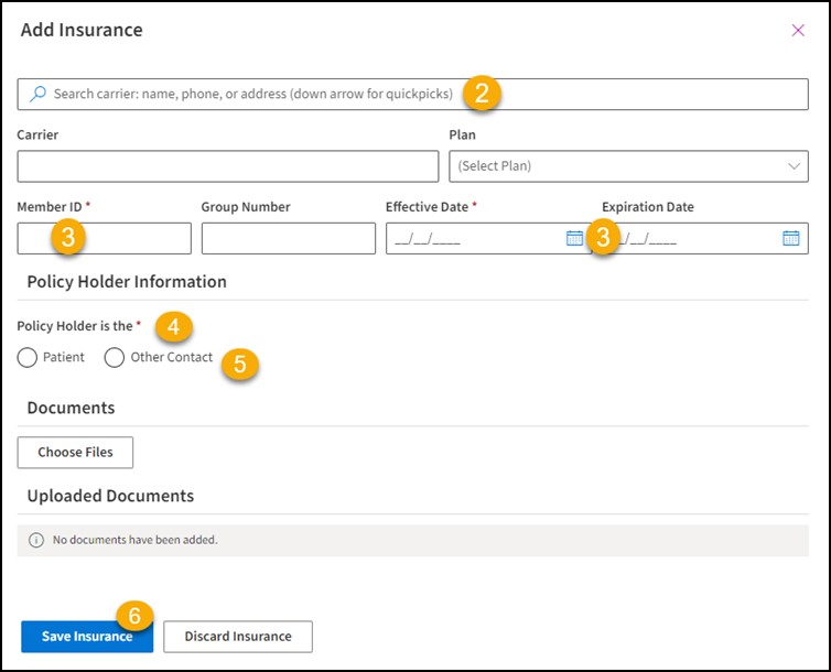 Add Insurance window with yellow numbers at the specific edit text boxes.